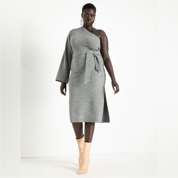 Eloquii Gray One Shoulder Sweater Dress Tie Waist Size 22/24 Wool Blend - Picture 1 of 8